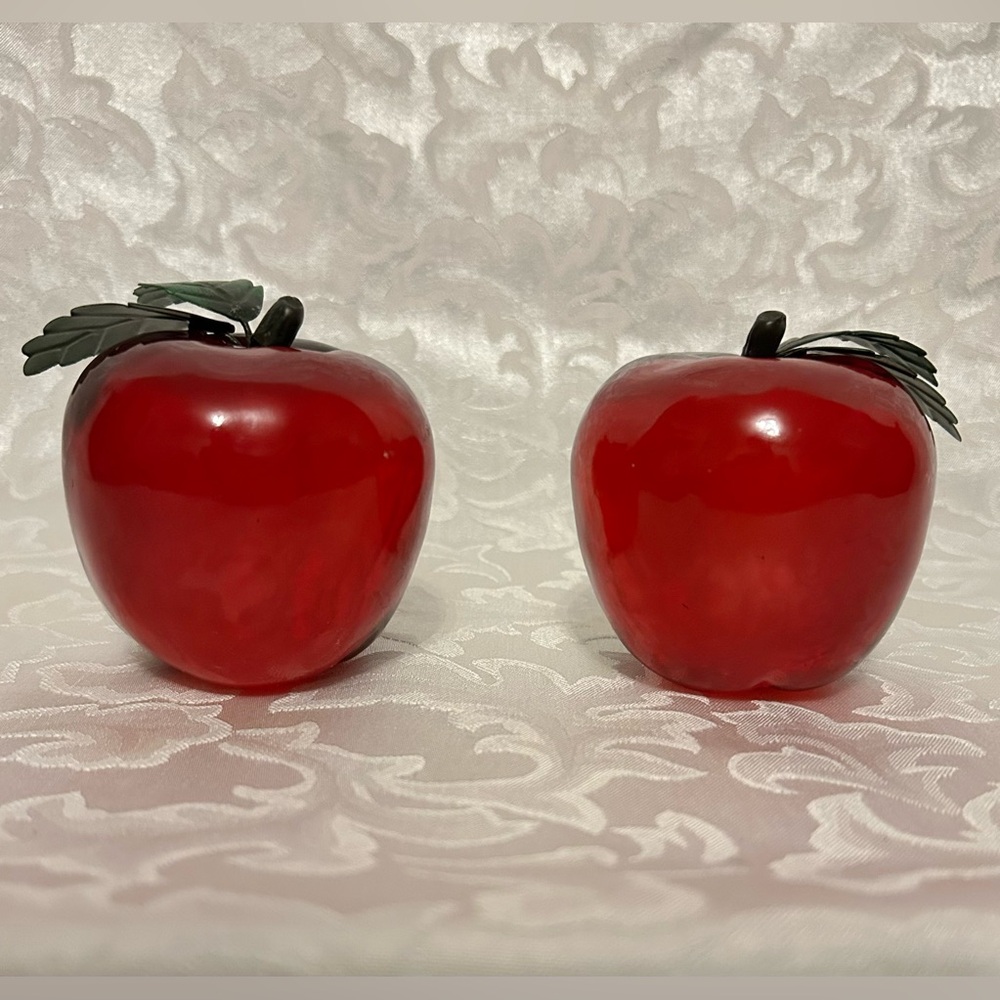 Vintage Life-Size Lucite Apple Paperweights X2, Leaves And Stems Intact